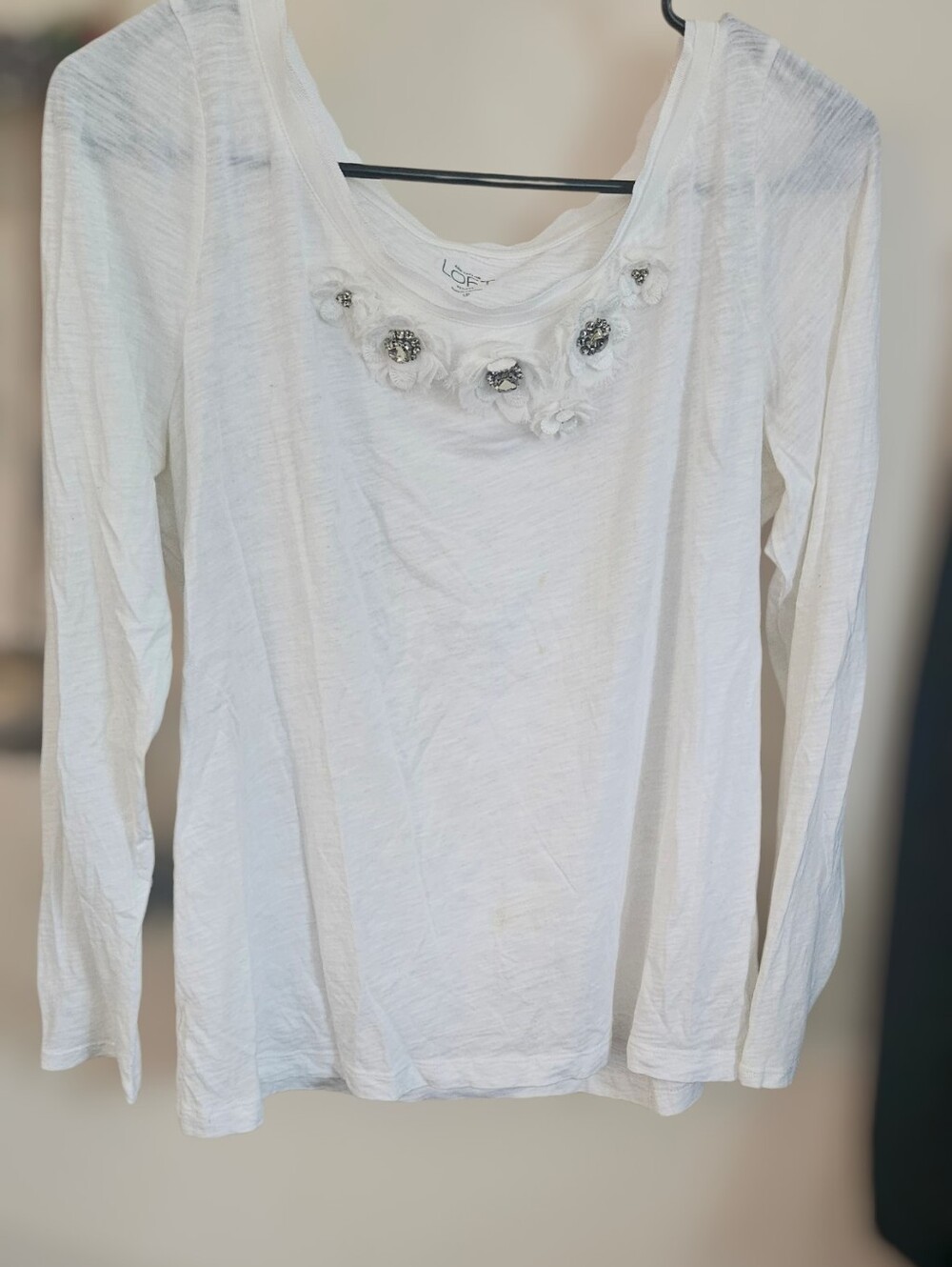 LOFT White Long-Sleeve Embellished Crewneck Shirt